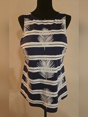 Lands' End Navy & White Palm-Stripe Swim Tankini TOP ONLY (Size 16) Worn 1x